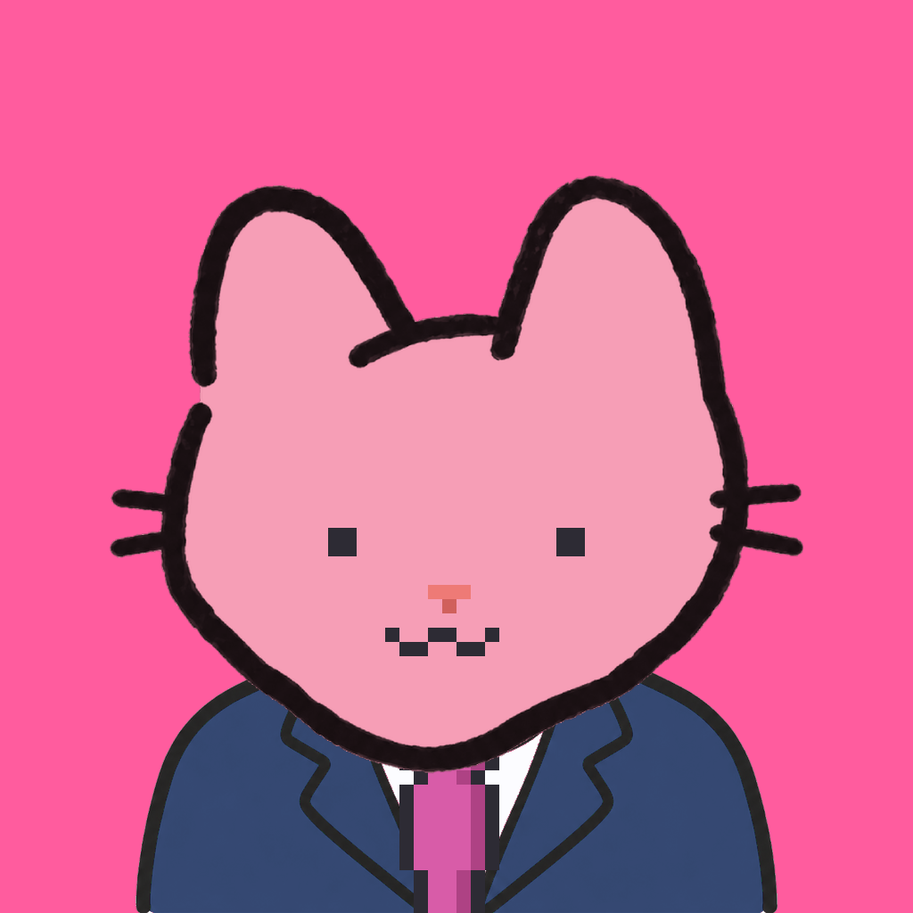 Employee #0147 — a pink cat, in a navy suit, with a magenta tie, on hot pink