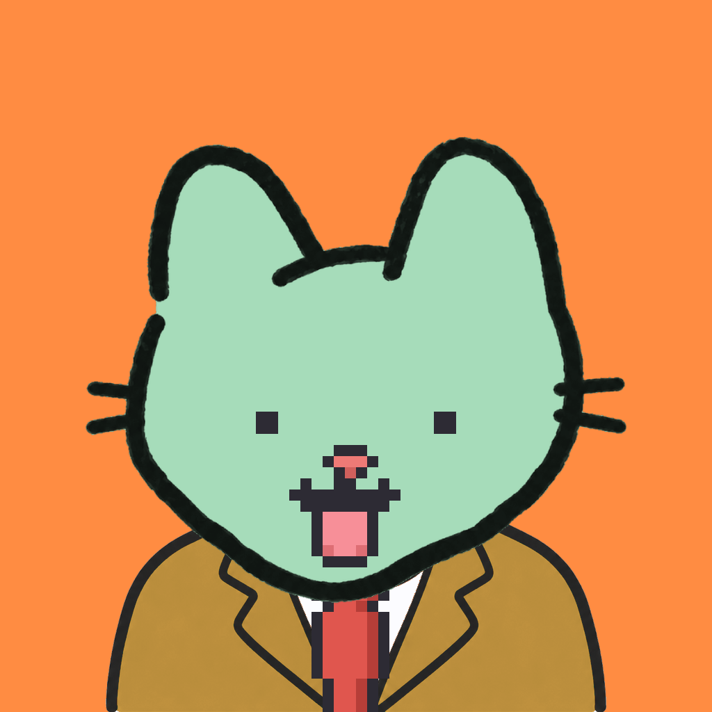 Employee #1470 — a mint cat, in a mustard suit, with a red tie, on tangerine