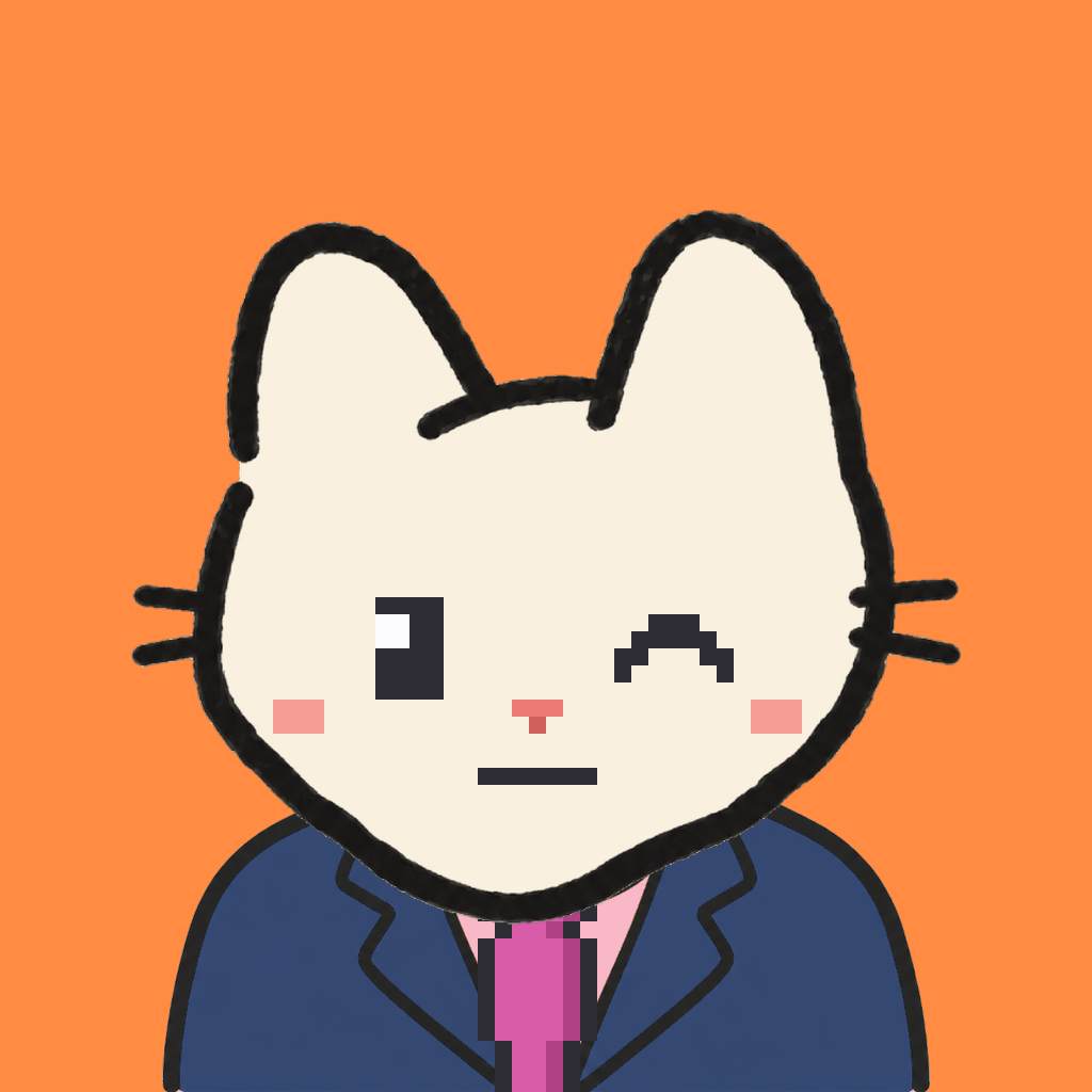 Employee #1471 — a cream cat, in a navy suit, with a magenta tie, on tangerine