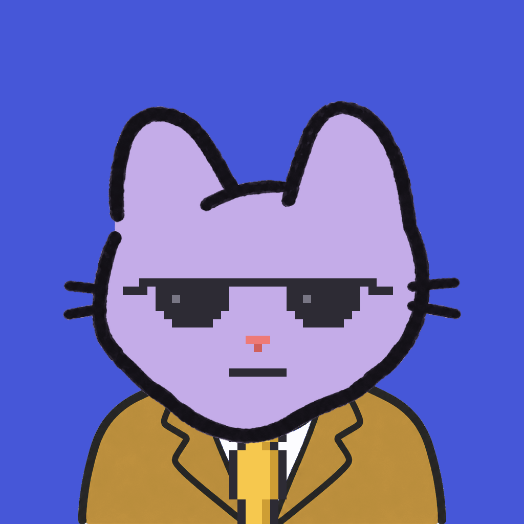 Employee #1472 — a lavender cat, in a mustard suit, with a gold tie, wearing shades glasses, on royal