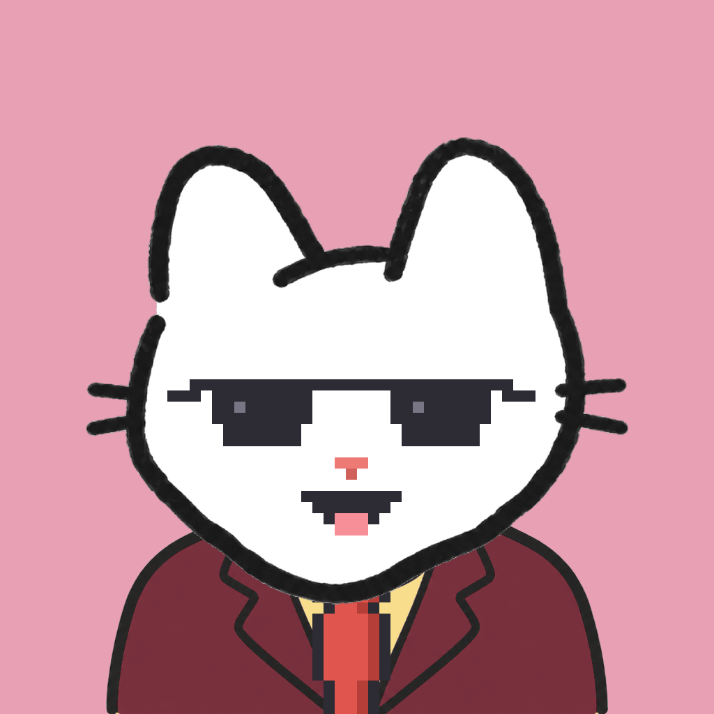 Employee #1473 — a white cat, in a burgundy suit, with a red tie, wearing shades glasses, on rose