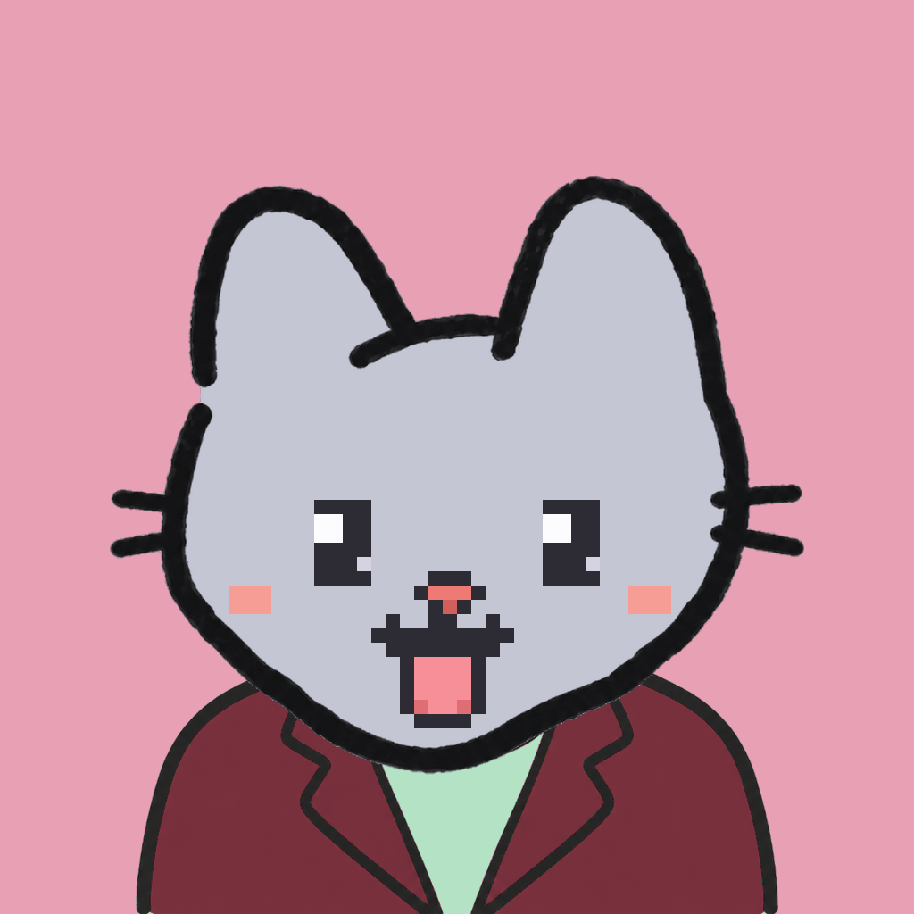 Employee #1474 — a gray cat, in a burgundy suit, on rose