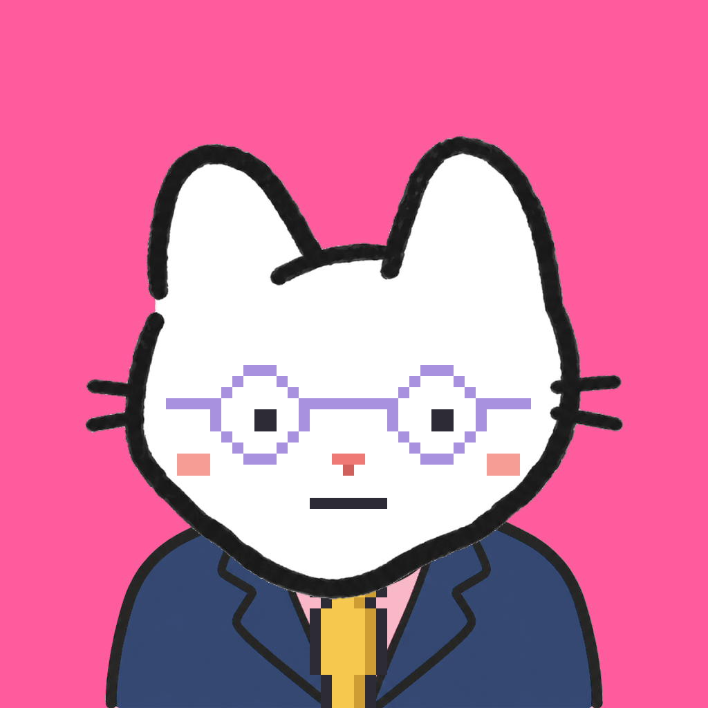 Employee #1475 — a white cat, in a navy suit, with a gold tie, wearing round-lavender glasses, on hot pink