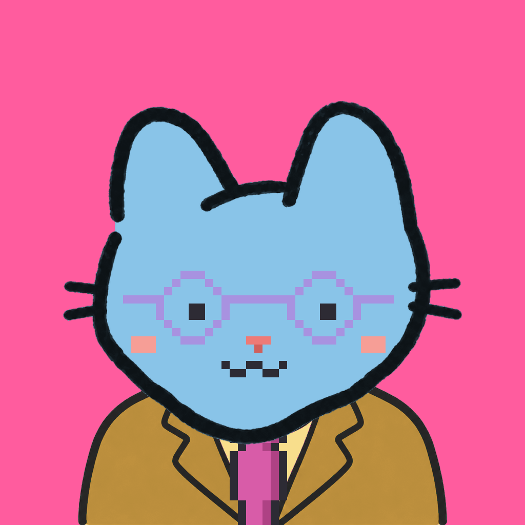 Employee #1476 — a sky cat, in a mustard suit, with a magenta tie, wearing round-lavender glasses, on hot pink