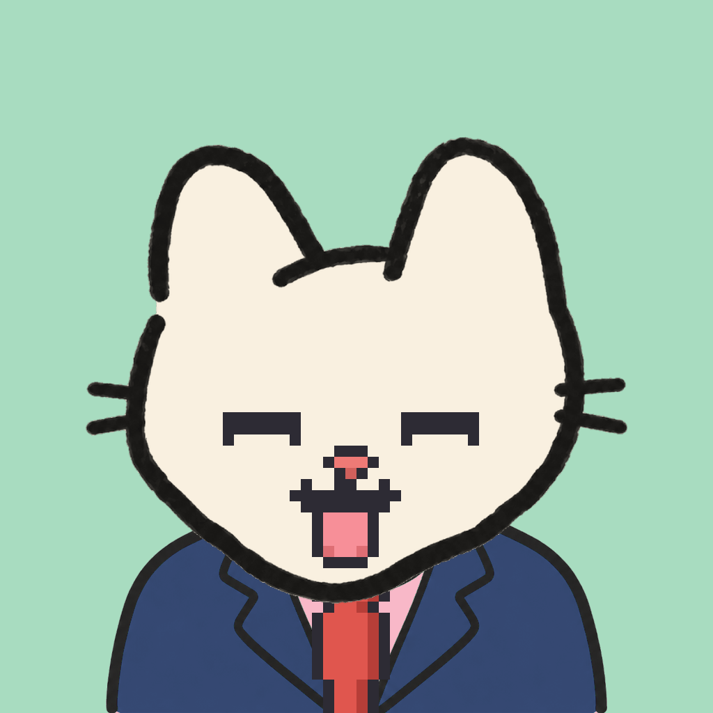 Employee #1477 — a cream cat, in a navy suit, with a red tie, on mint