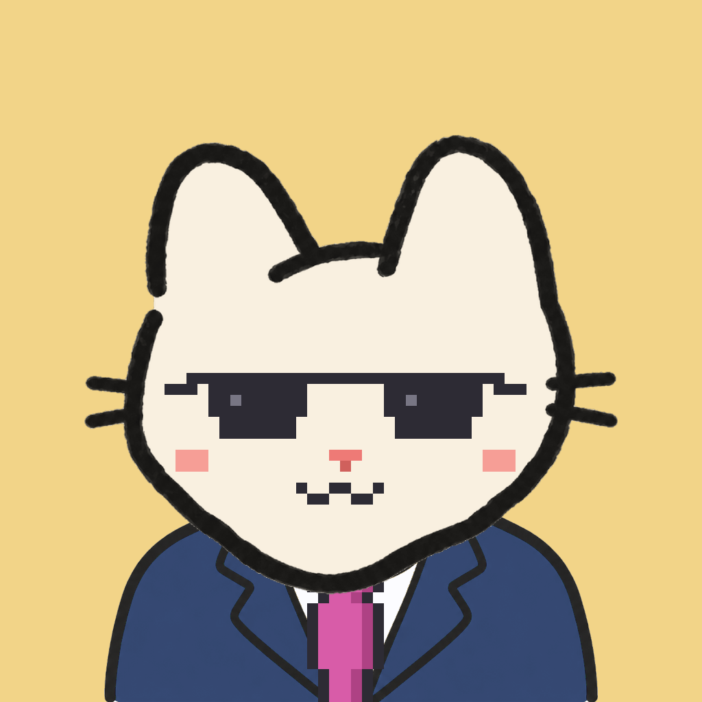 Employee #1478 — a cream cat, in a navy suit, with a magenta tie, wearing shades glasses, on butter