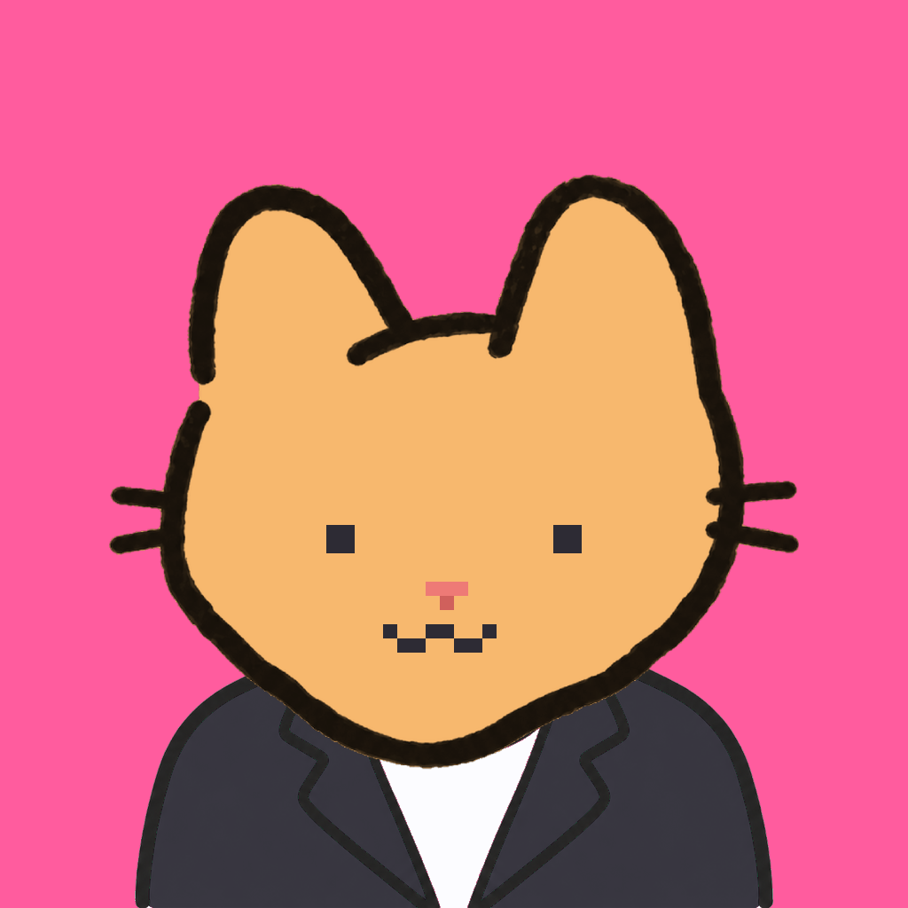 Employee #1479 — a tabby cat, in a black suit, on hot pink
