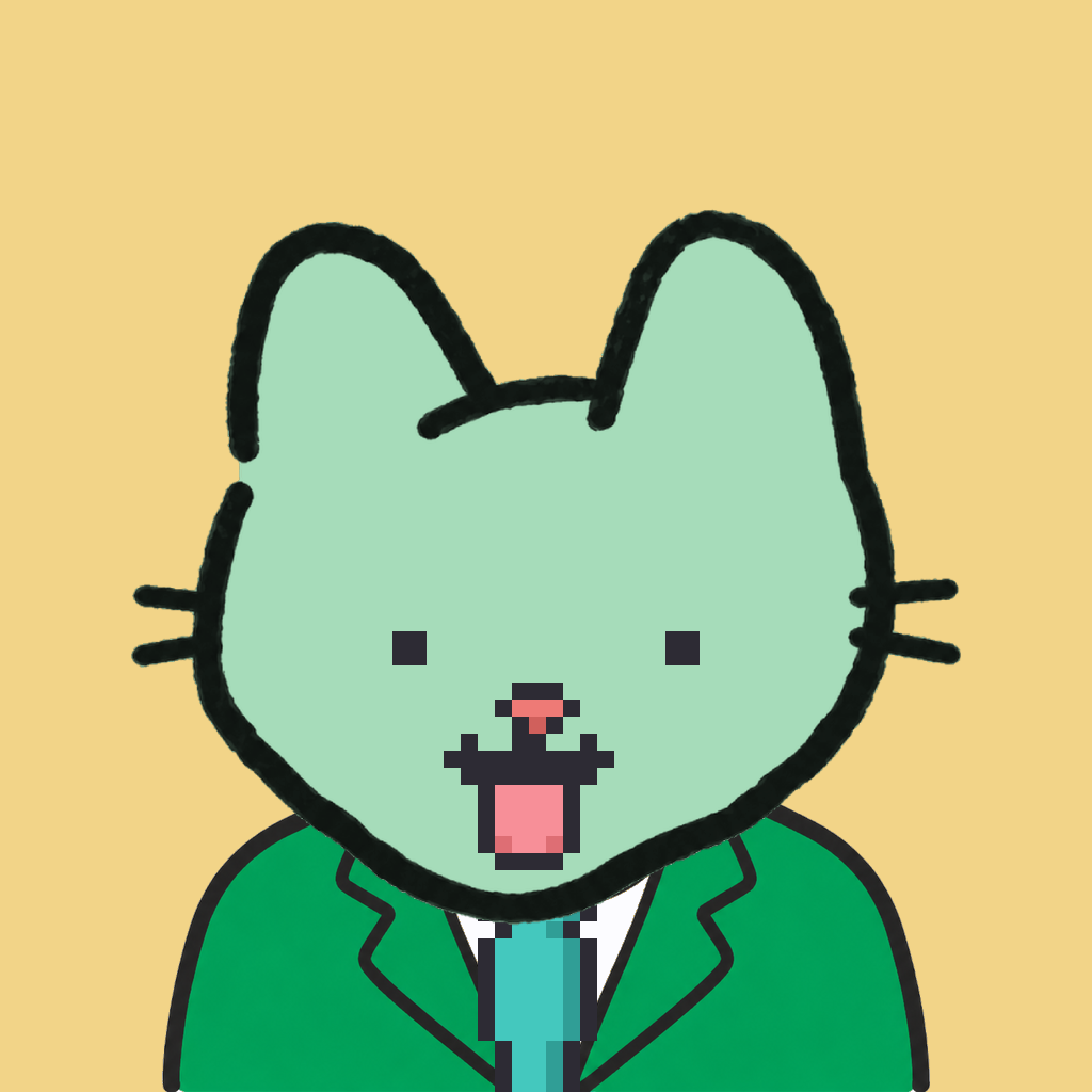 Employee #0148 — a mint cat, in a green suit, with a teal tie, on butter