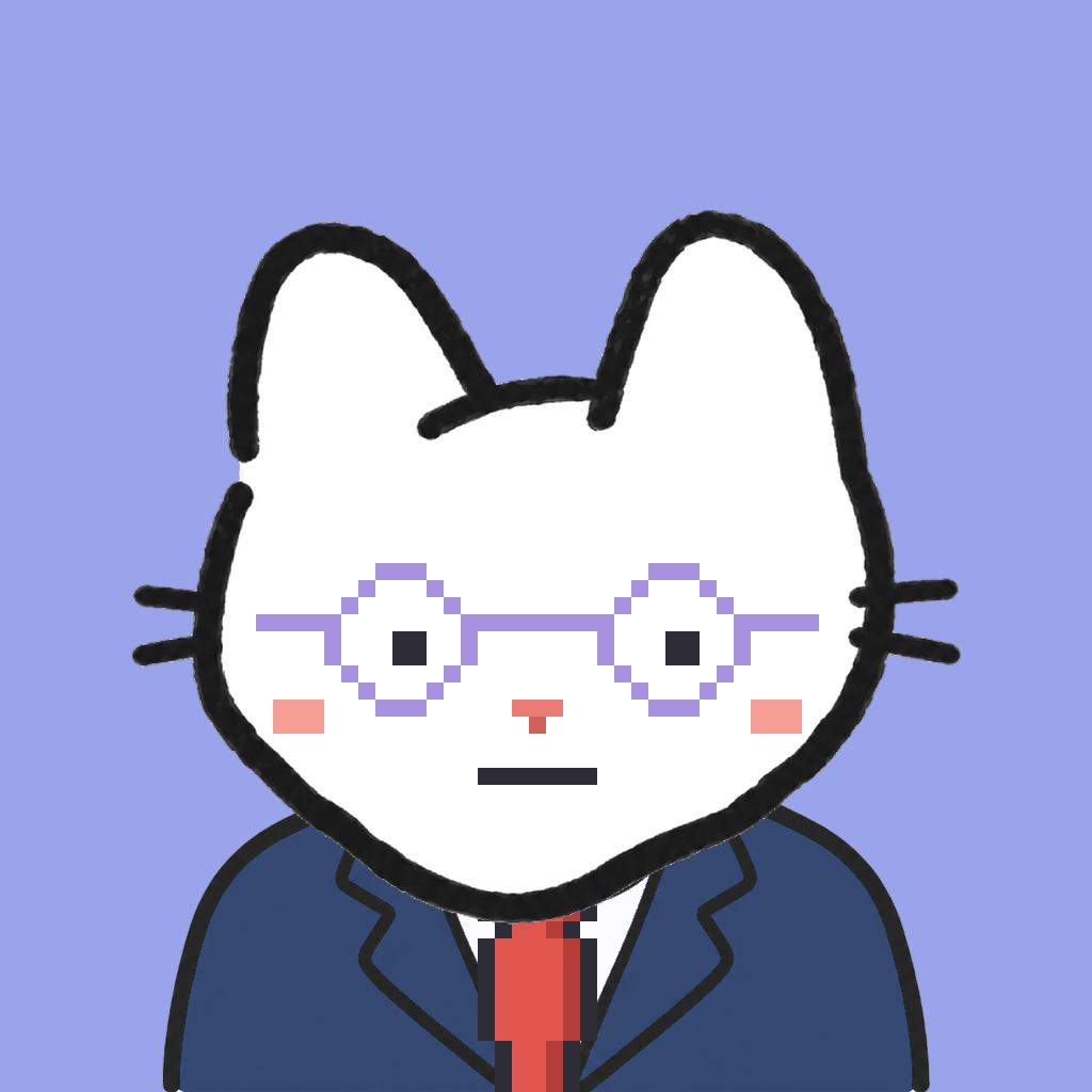 Employee #1480 — a white cat, in a navy suit, with a red tie, wearing round-lavender glasses, on periwinkle