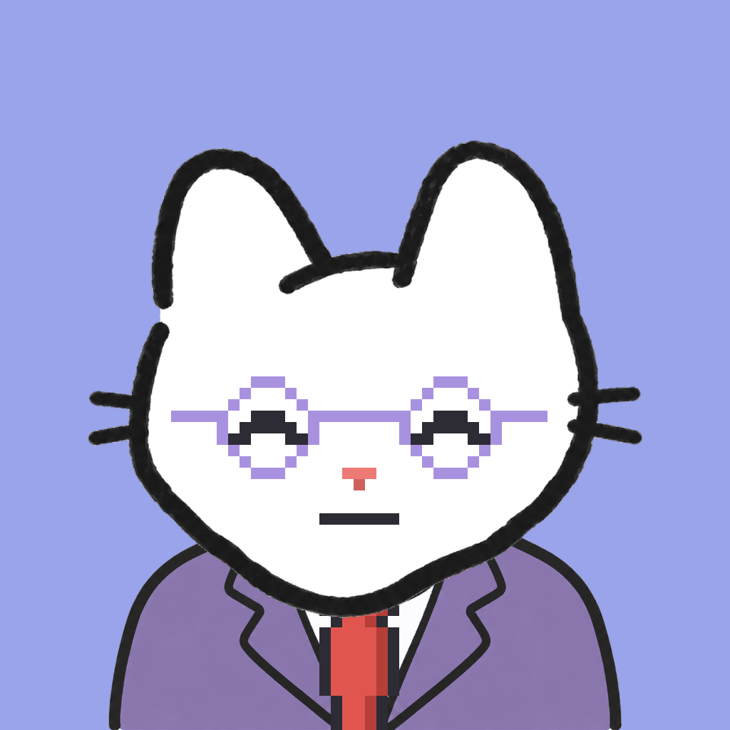 Employee #1481 — a white cat, in a lavender suit, with a red tie, wearing round-lavender glasses, on periwinkle