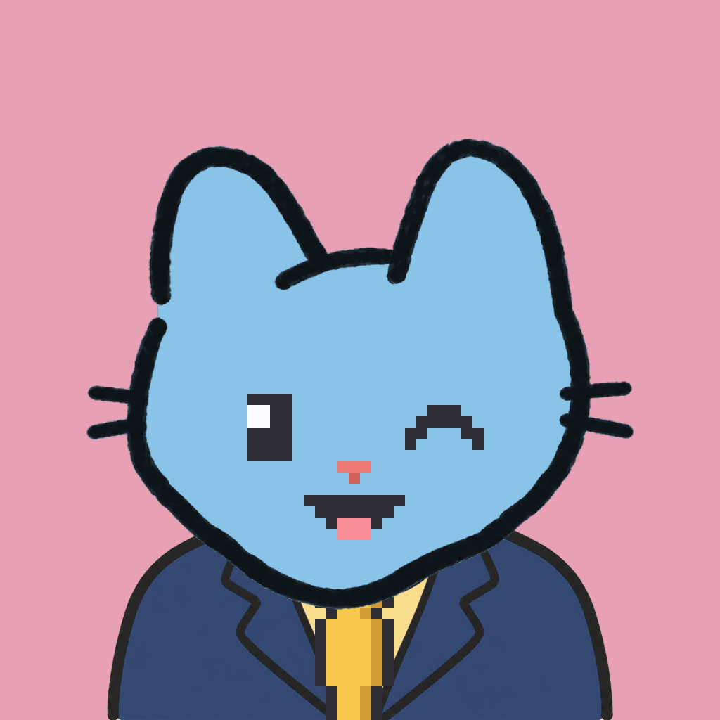 Employee #1482 — a sky cat, in a navy suit, with a gold tie, on rose