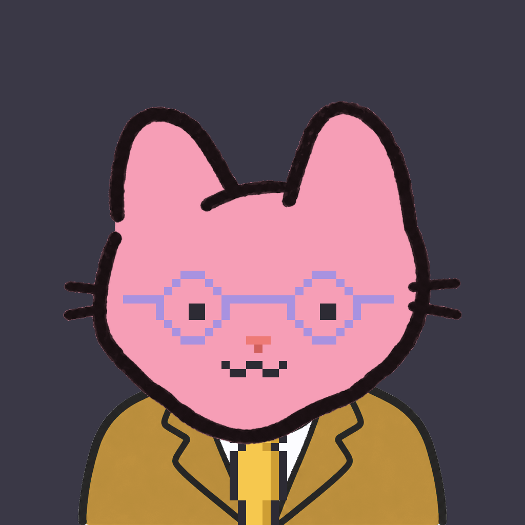 Employee #1483 — a pink cat, in a mustard suit, with a gold tie, wearing round-lavender glasses, on charcoal
