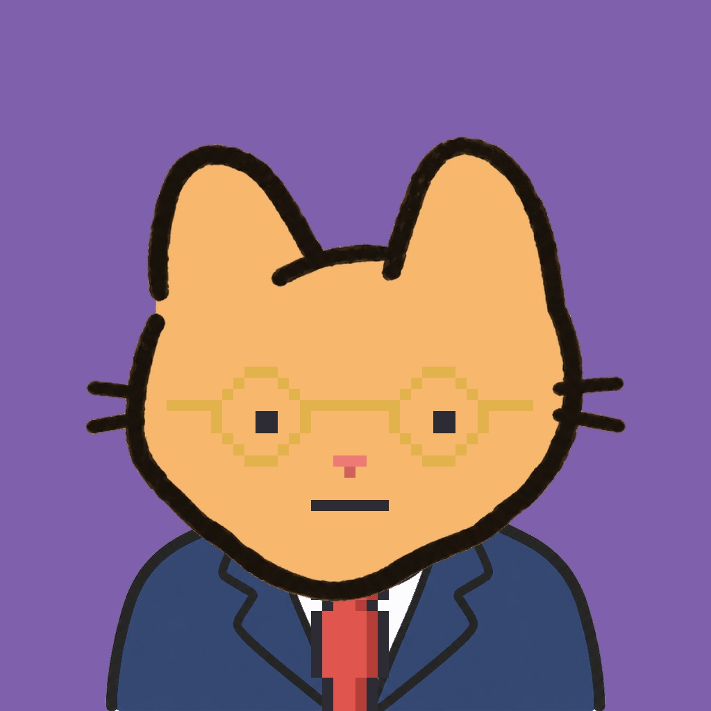 Employee #1484 — a tabby cat, in a navy suit, with a red tie, wearing round-gold glasses, on plasma violet