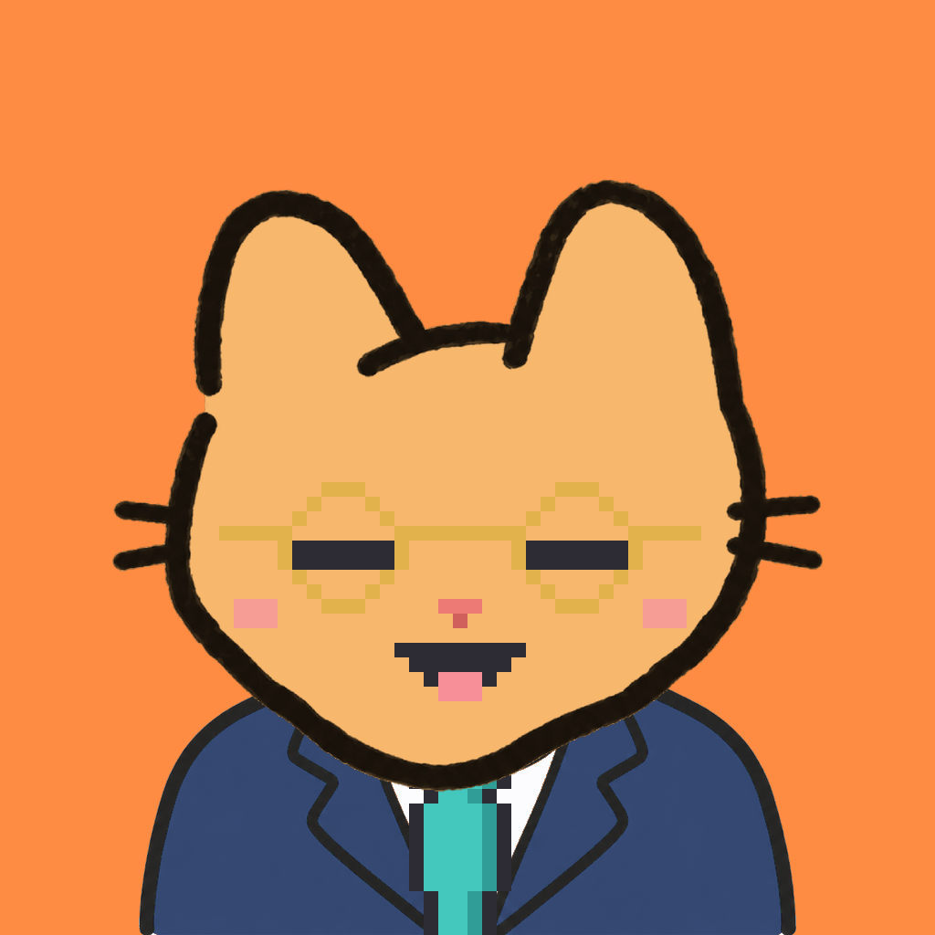 Employee #1485 — a tabby cat, in a navy suit, with a teal tie, wearing round-gold glasses, on tangerine
