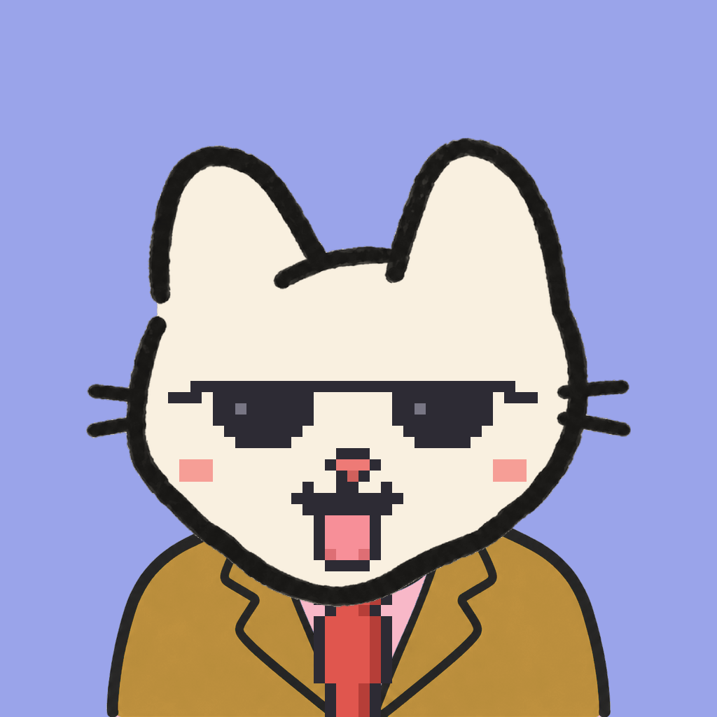 Employee #1486 — a cream cat, in a mustard suit, with a red tie, wearing shades glasses, on periwinkle