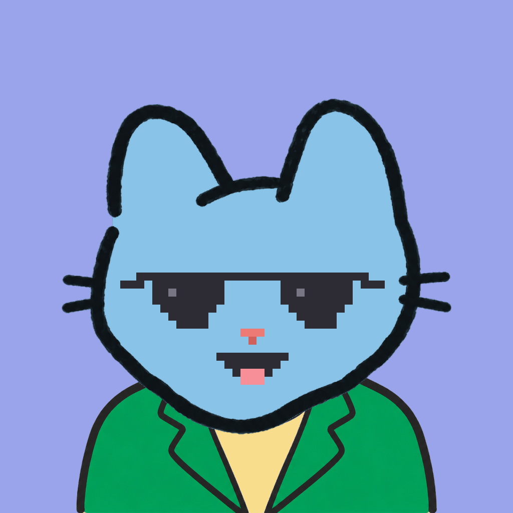 Employee #1487 — a sky cat, in a green suit, wearing shades glasses, on periwinkle