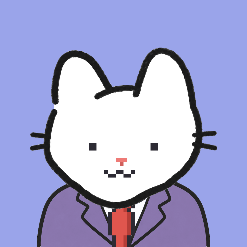 Employee #1488 — a white cat, in a lavender suit, with a red tie, on periwinkle