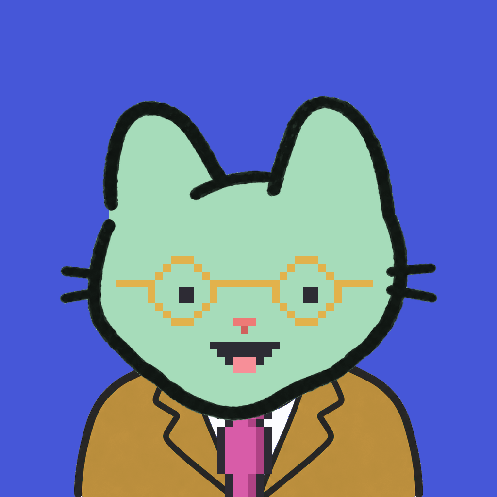 Employee #1489 — a mint cat, in a mustard suit, with a magenta tie, wearing round-gold glasses, on royal