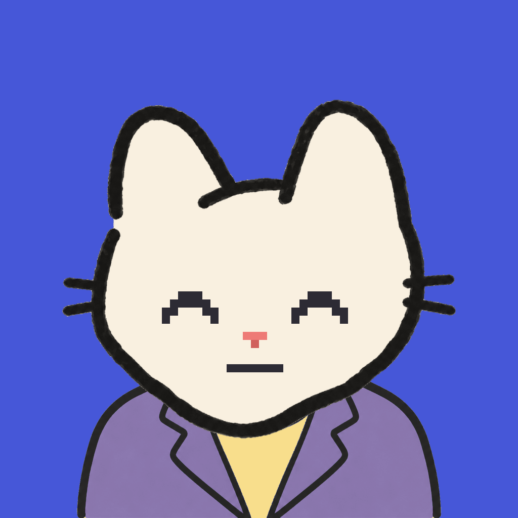 Employee #0149 — a cream cat, in a lavender suit, on royal