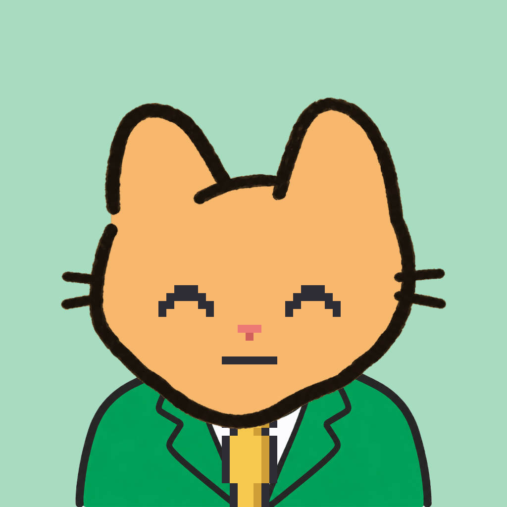 Employee #1490 — a tabby cat, in a green suit, with a gold tie, on mint