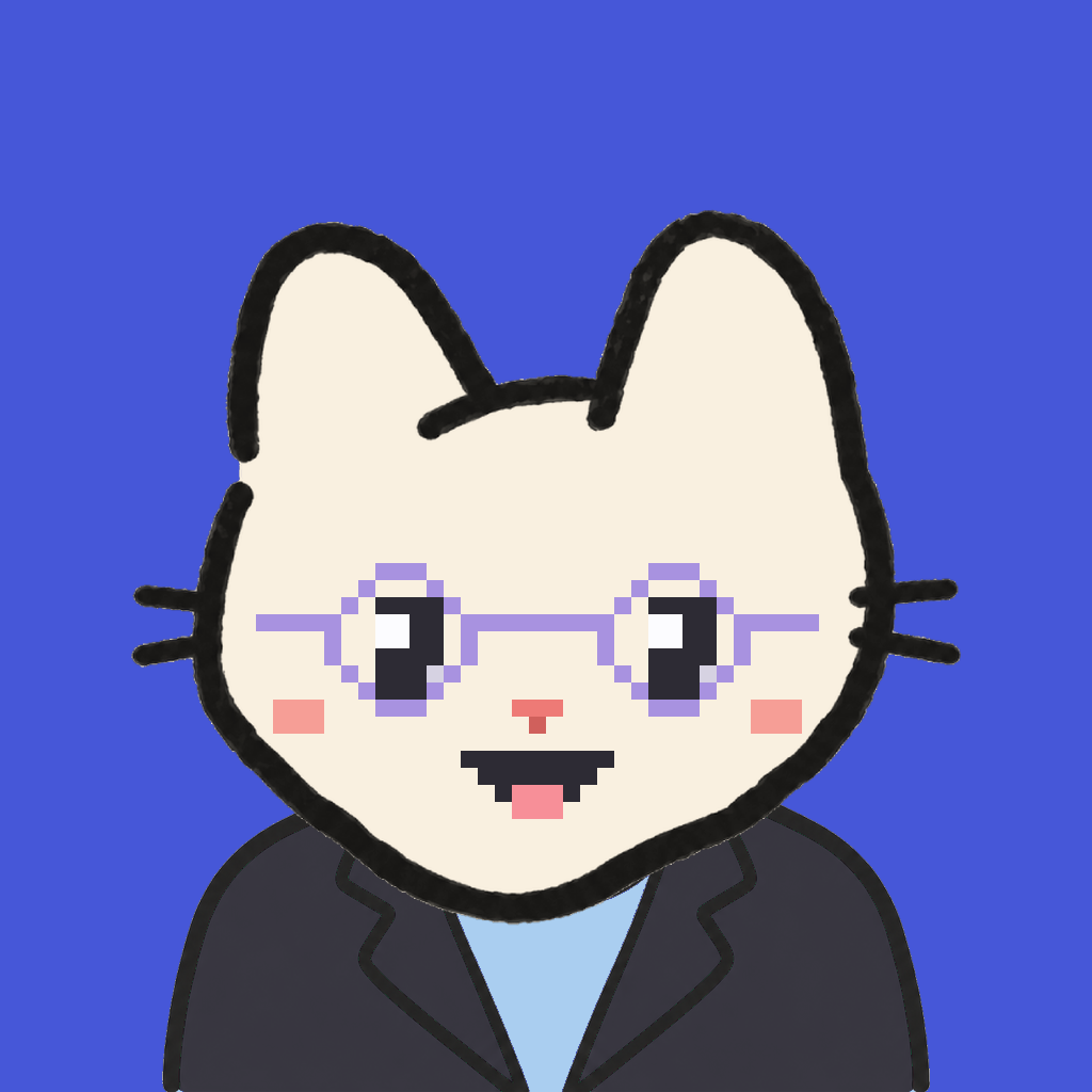 Employee #1491 — a cream cat, in a black suit, wearing round-lavender glasses, on royal