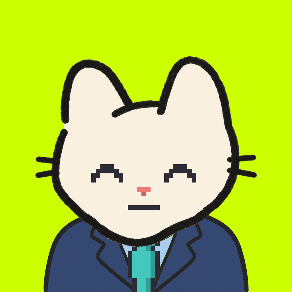Employee #1493 — a cream cat, in a navy suit, with a teal tie, on volt