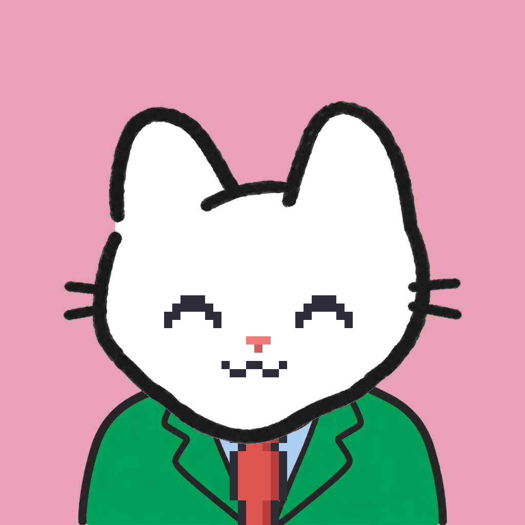 Employee #1495 — a white cat, in a green suit, with a red tie, on rose