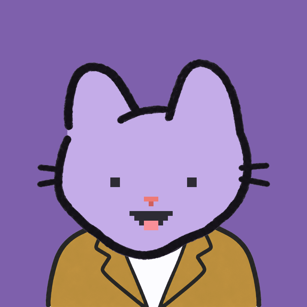 Employee #1496 — a lavender cat, in a mustard suit, on plasma violet