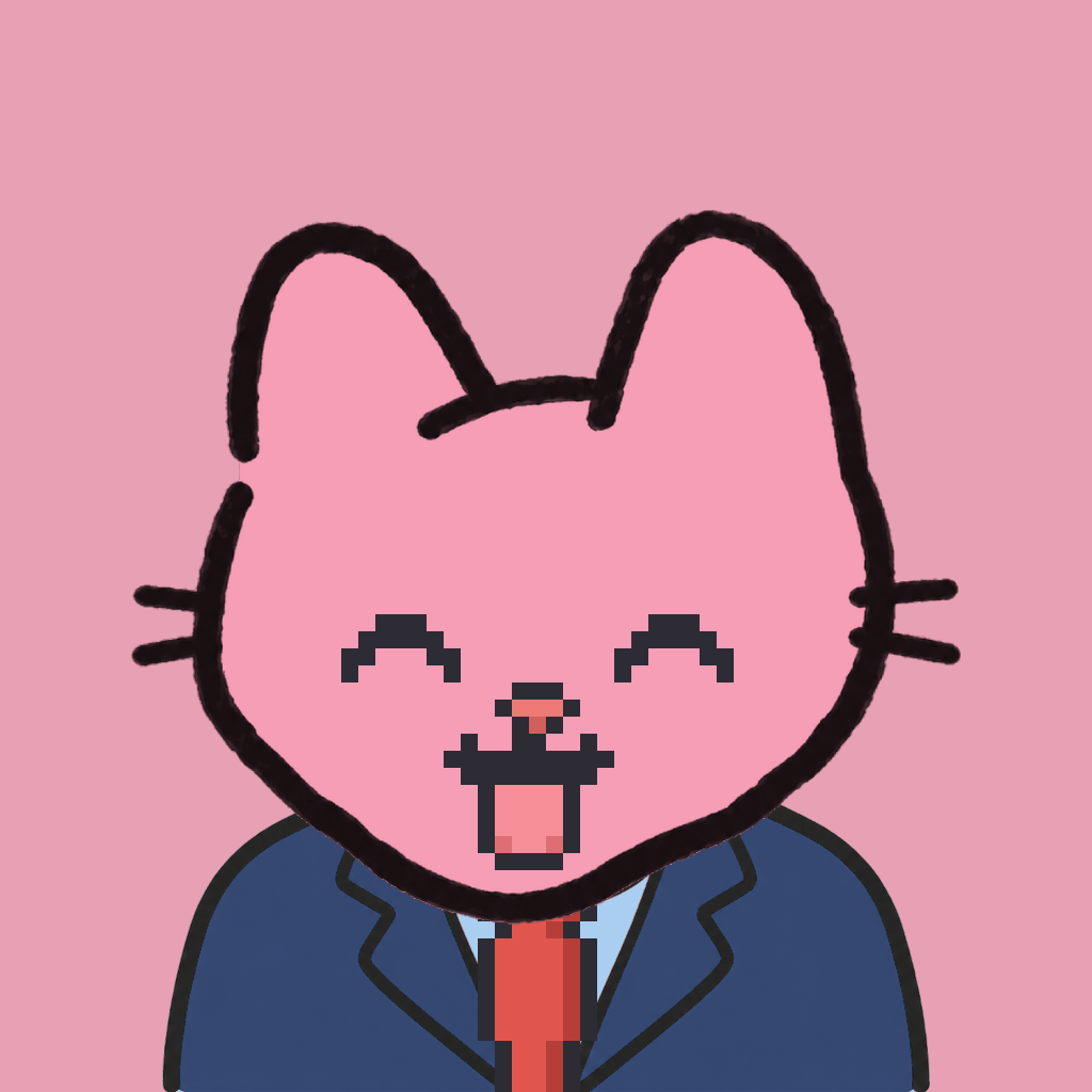 Employee #1497 — a pink cat, in a navy suit, with a red tie, on rose