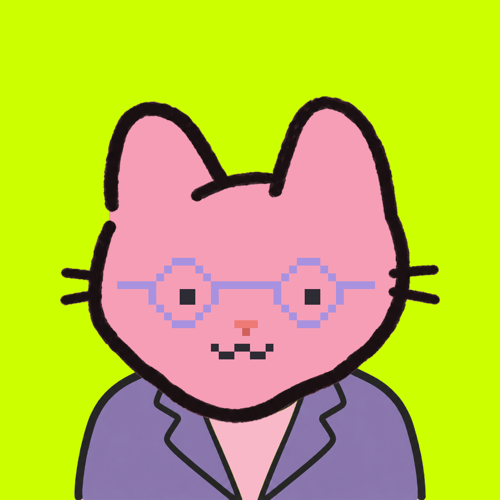 Employee #1498 — a pink cat, in a lavender suit, wearing round-lavender glasses, on volt