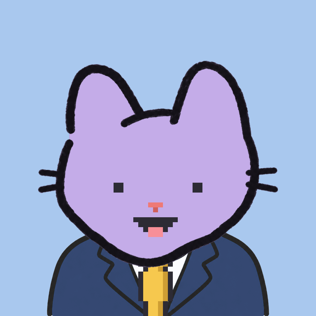 Employee #1499 — a lavender cat, in a navy suit, with a gold tie, on sky