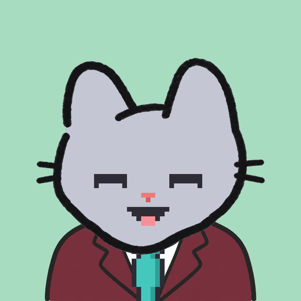 Employee #0015 — a gray cat, in a burgundy suit, with a teal tie, on mint