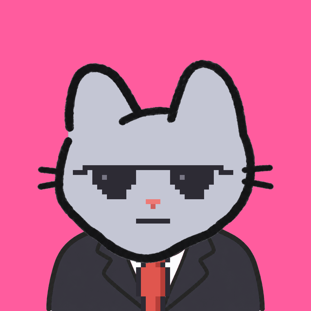 Employee #0150 — a gray cat, in a black suit, with a red tie, wearing shades glasses, on hot pink