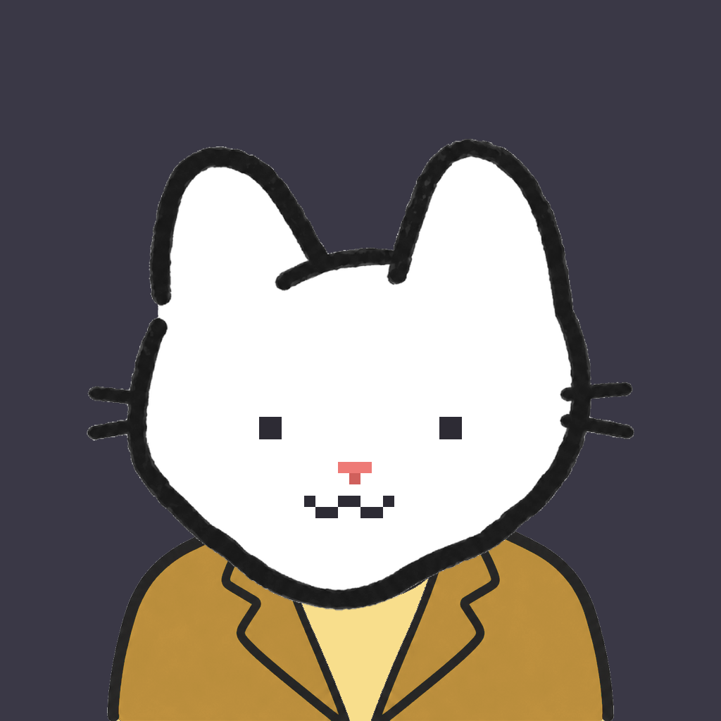 Employee #1500 — a white cat, in a mustard suit, on charcoal