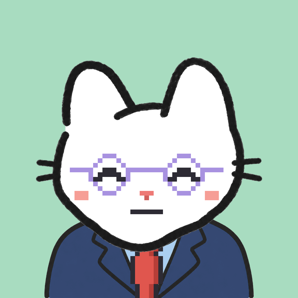 Employee #1501 — a white cat, in a navy suit, with a red tie, wearing round-lavender glasses, on mint