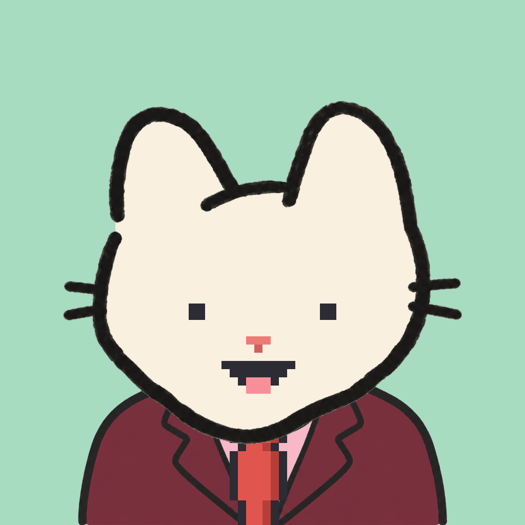 Employee #1502 — a cream cat, in a burgundy suit, with a red tie, on mint