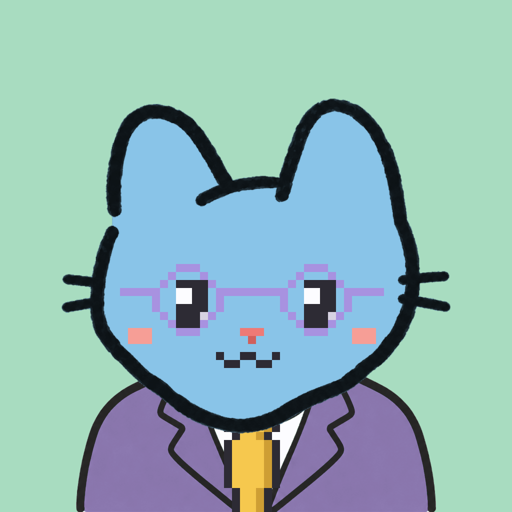 Employee #1503 — a sky cat, in a lavender suit, with a gold tie, wearing round-lavender glasses, on mint
