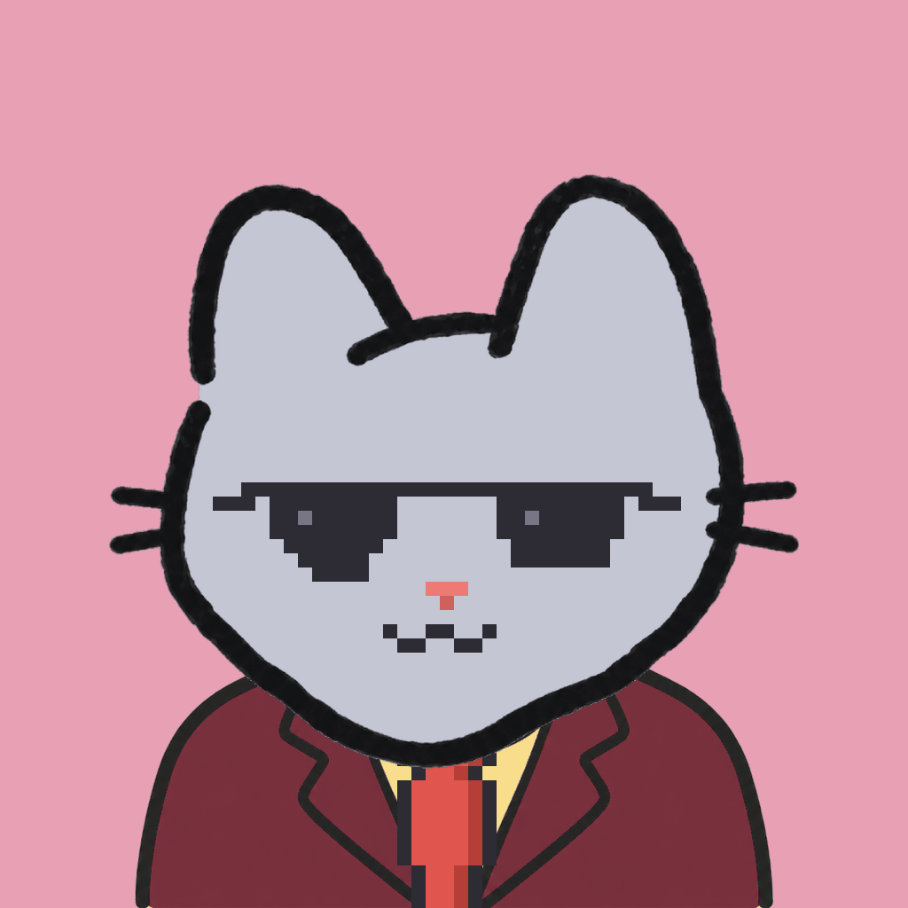 Employee #1504 — a gray cat, in a burgundy suit, with a red tie, wearing shades glasses, on rose