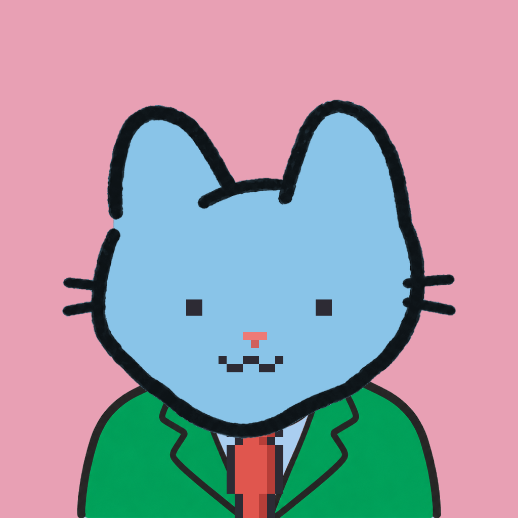 Employee #1505 — a sky cat, in a green suit, with a red tie, on rose