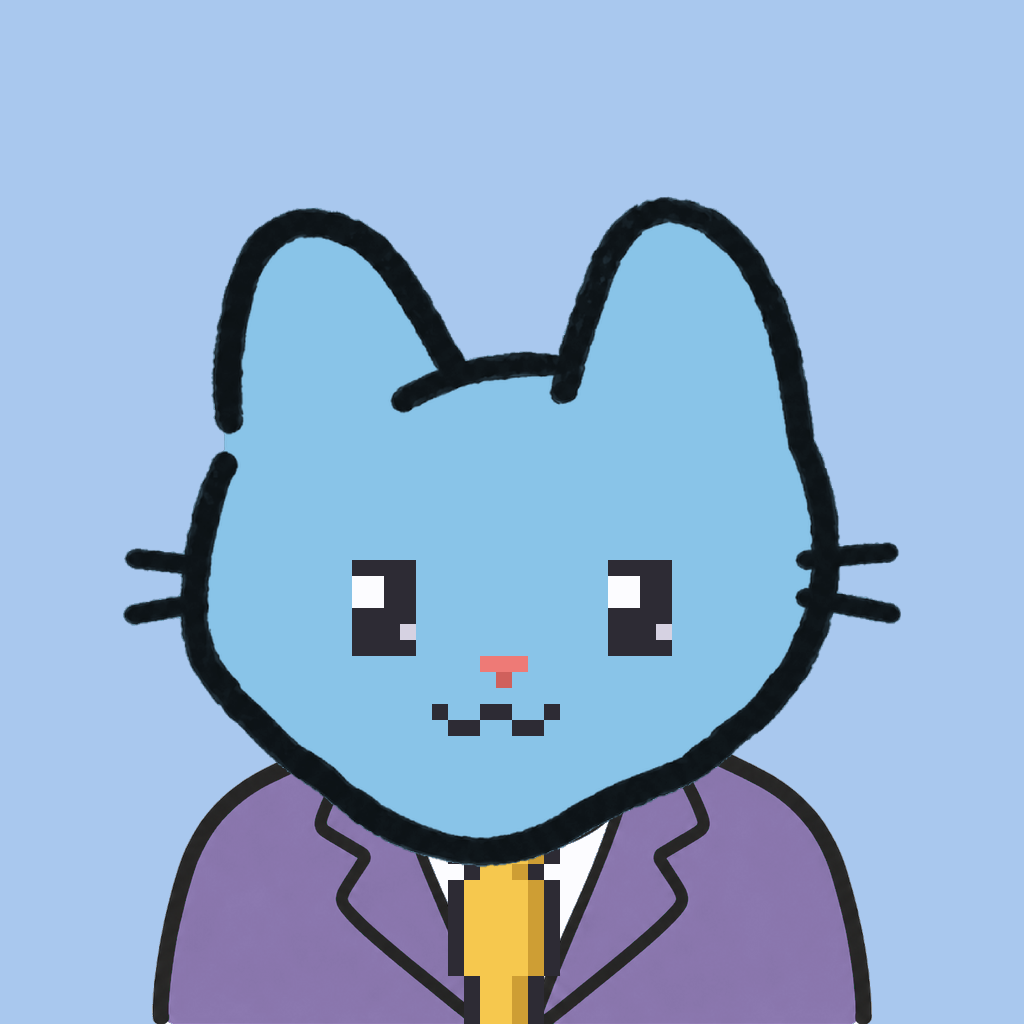 Employee #1506 — a sky cat, in a lavender suit, with a gold tie, on sky