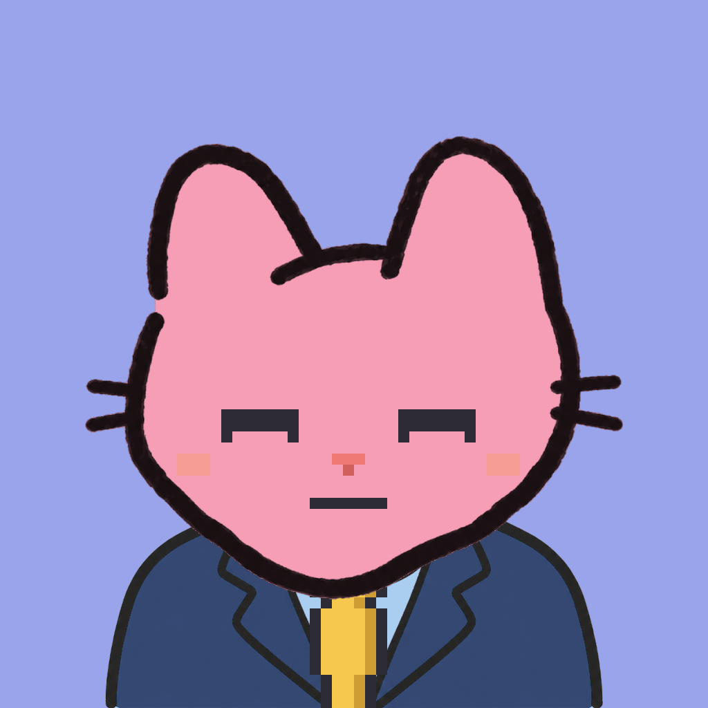 Employee #1507 — a pink cat, in a navy suit, with a gold tie, on periwinkle