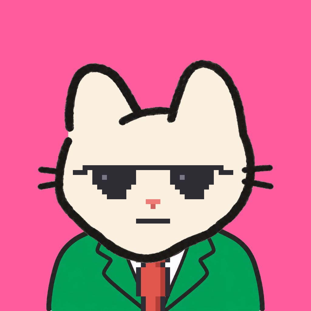 Employee #1508 — a cream cat, in a green suit, with a red tie, wearing shades glasses, on hot pink