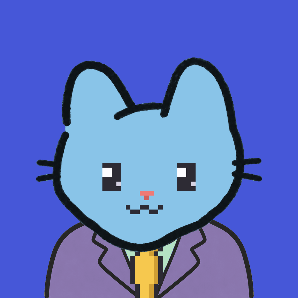 Employee #1509 — a sky cat, in a lavender suit, with a gold tie, on royal