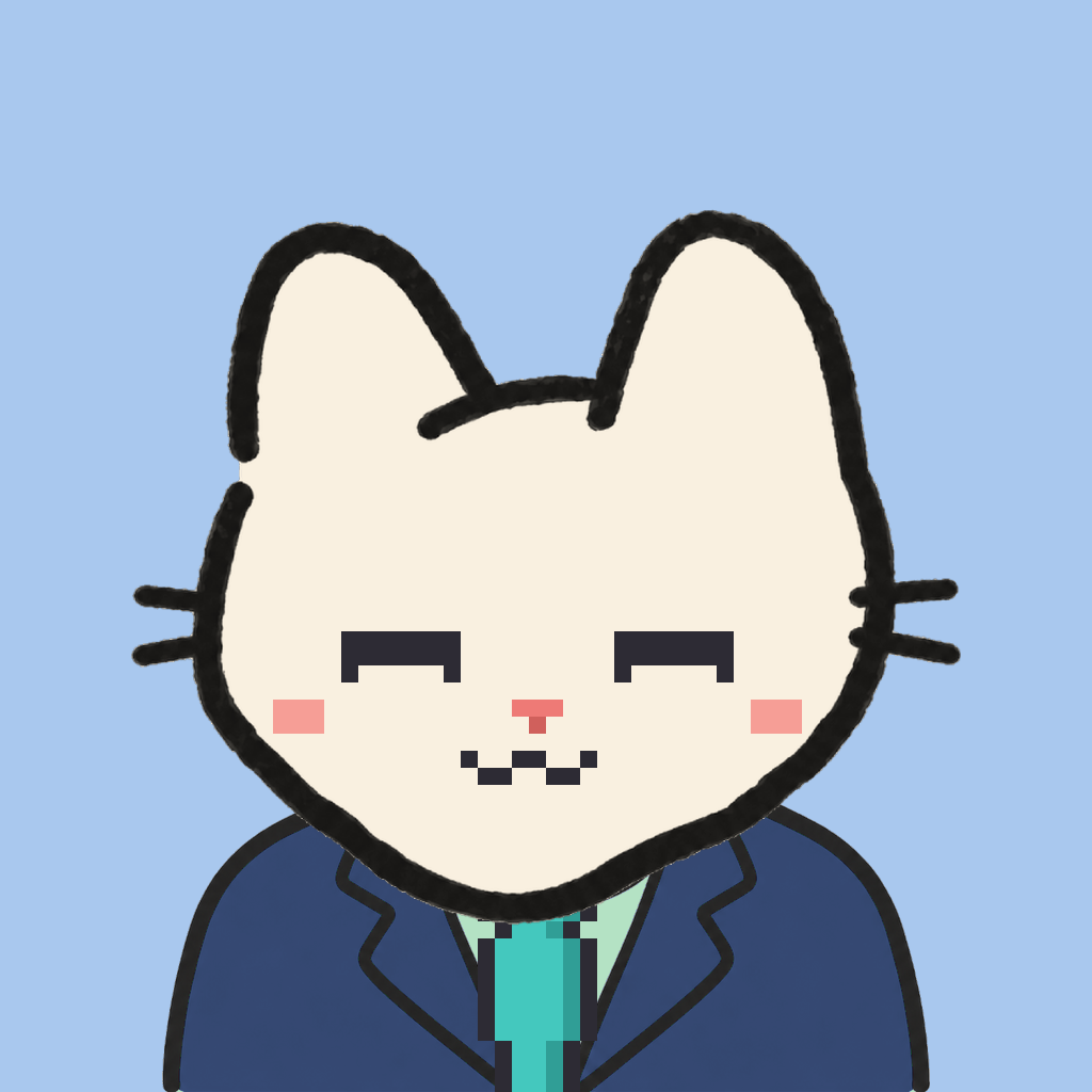 Employee #0151 — a cream cat, in a navy suit, with a teal tie, on sky