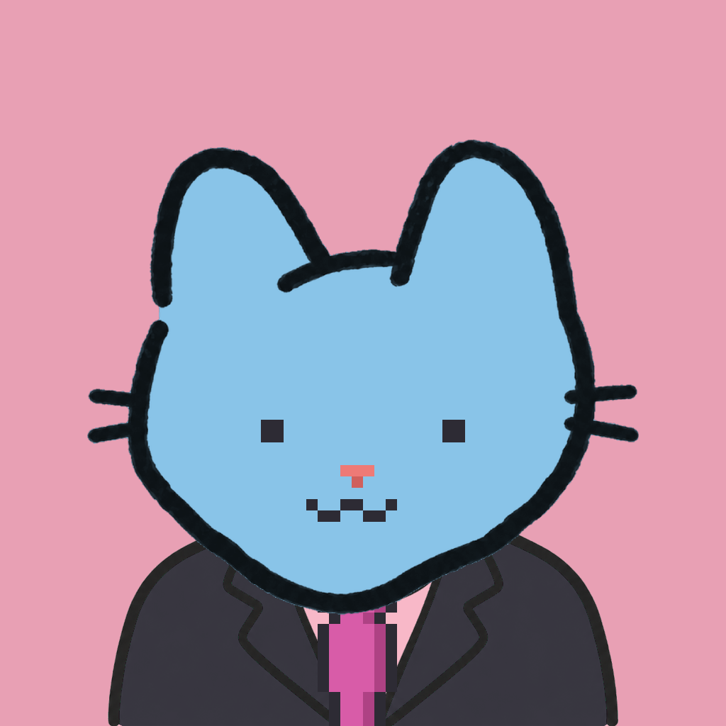 Employee #1510 — a sky cat, in a black suit, with a magenta tie, on rose