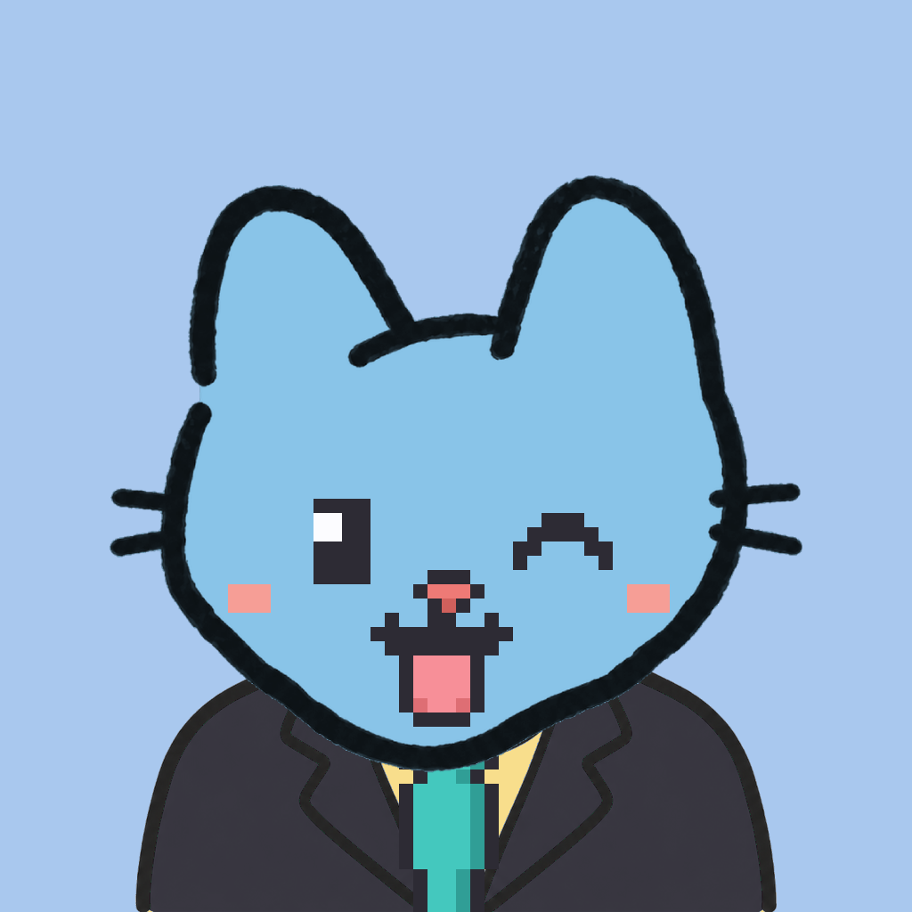 Employee #1511 — a sky cat, in a black suit, with a teal tie, on sky