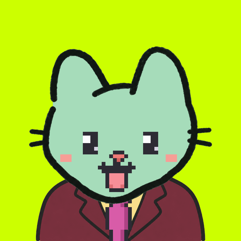 Employee #1512 — a mint cat, in a burgundy suit, with a magenta tie, on volt
