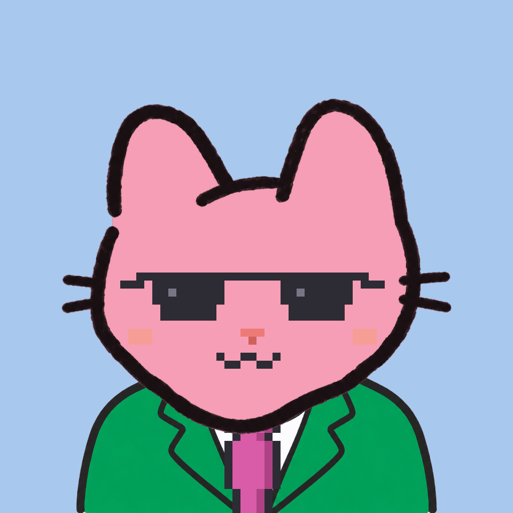 Employee #1513 — a pink cat, in a green suit, with a magenta tie, wearing shades glasses, on sky