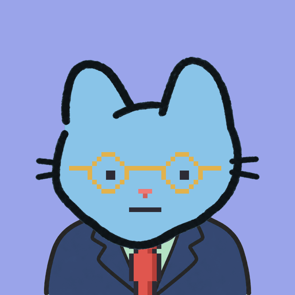 Employee #1514 — a sky cat, in a navy suit, with a red tie, wearing round-gold glasses, on periwinkle