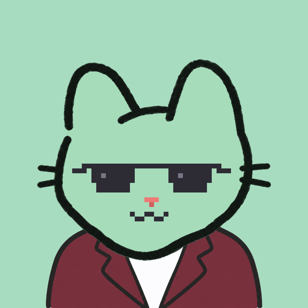 Employee #1515 — a mint cat, in a burgundy suit, wearing shades glasses, on mint